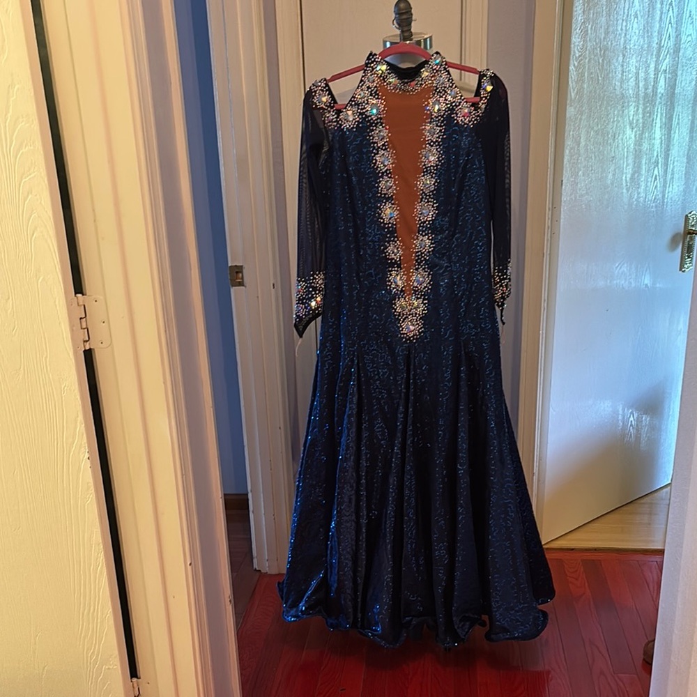 Blue and White Embellished A-Line Gown with Bishop Sleeves